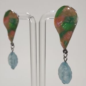 Vintage Hand Painted Enamel and Light Blue Frosted Acrylic Bead Pierced Earrings